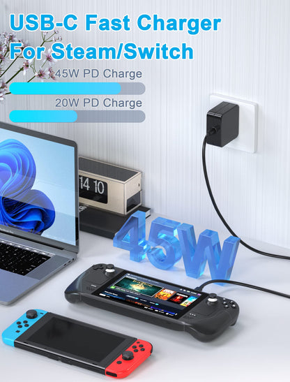 Feirsh 45W USB-C Charger for Steam Deck, Switch, Xbox & Devices - Black, Fast Charging with 5.9FT Cable