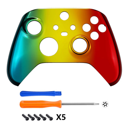 eXtremeRate Tri-Color Gradient Shell for Xbox Controller - Chrome Cyan Gold Red, Custom Plastic Faceplate, Model FX3D409