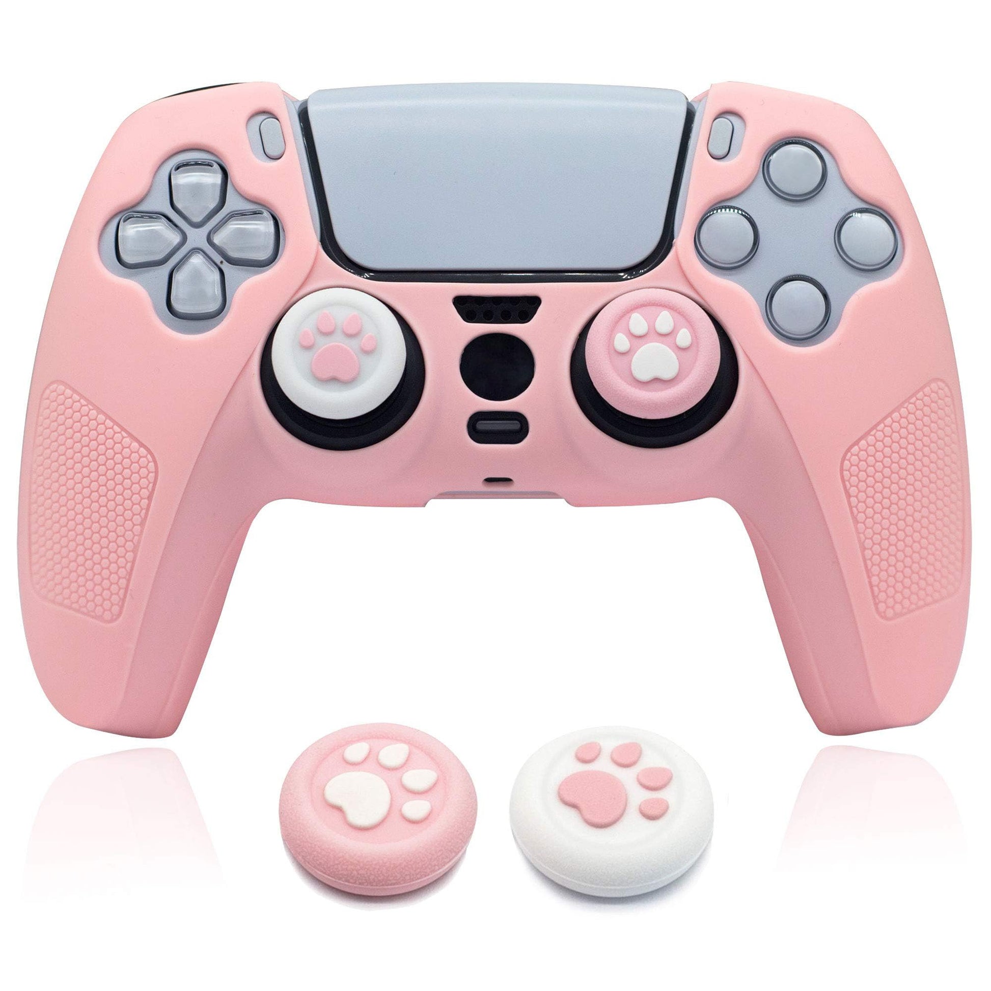 BRHE Skin for PS5 Controller Grip Cover Anti-Slip Silicone Protector Rubber Case Cute Kawaii Accessories Set Gamepad Joystick Shell with 2 Thumb Grip Caps (Full Covered  Pink)