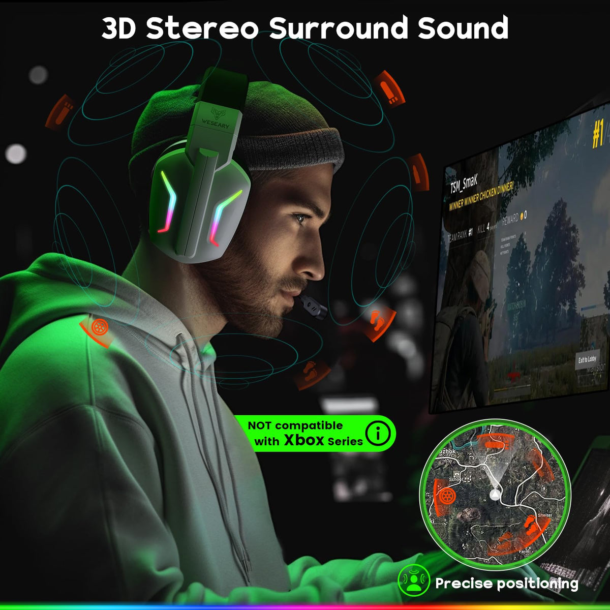 WESEARY Wireless Gaming Headset WG1 - 2.4GHz, Bluetooth 5.4, ENC Mic, 50H Battery, Shadow White, Compatible with PC, PS5, PS
