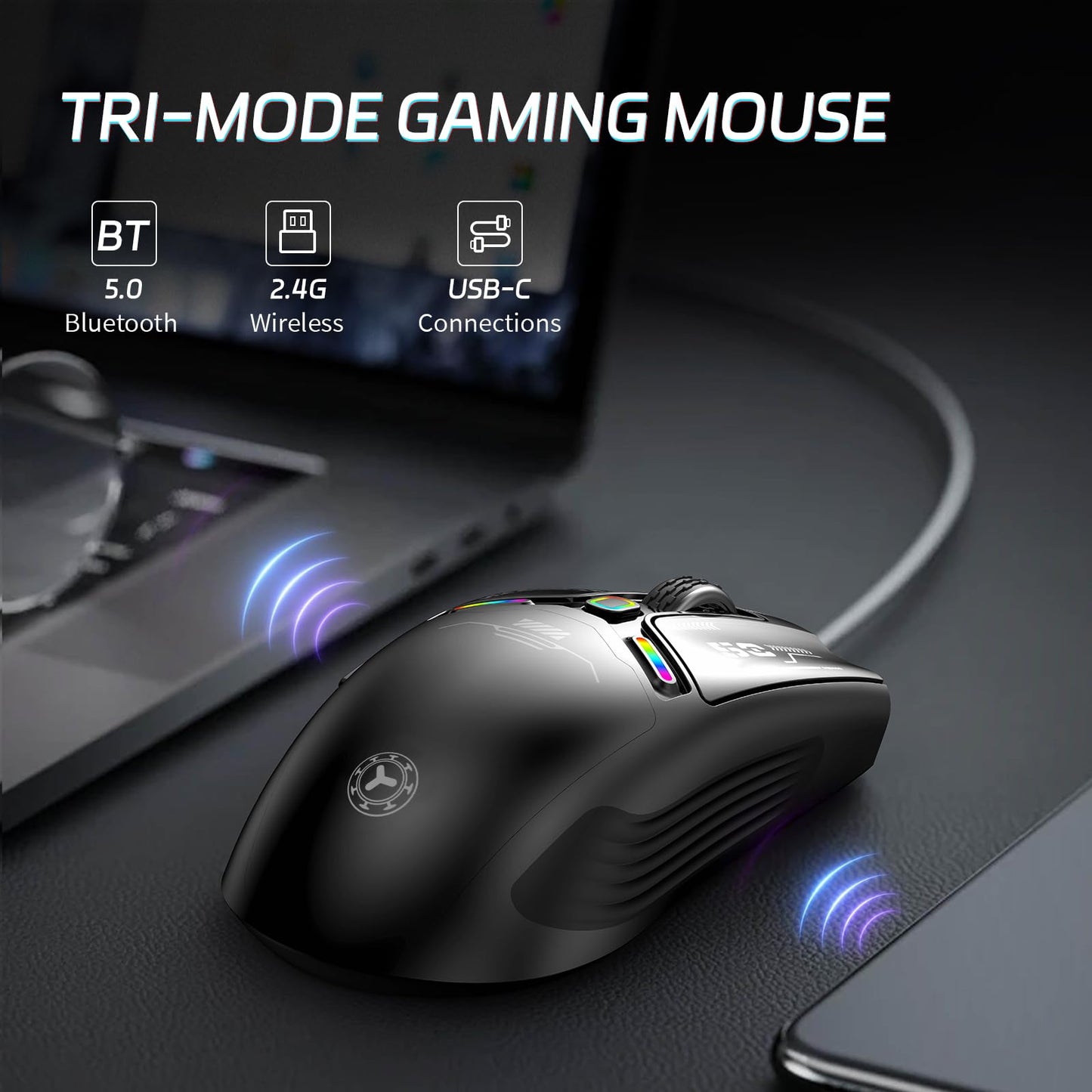 TENMOS M530 Wireless Gaming Mouse - 12000 DPI, RGB, 2.4G/Bluetooth/USB C, Rechargeable, Black