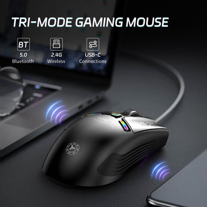 TENMOS M530 Wireless Gaming Mouse - 12000 DPI, RGB, 2.4G/Bluetooth/USB C, Rechargeable, Black