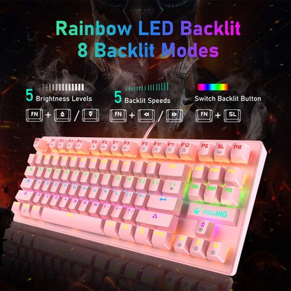 LexonElec K2 Mechanical Gaming Keyboard & Mouse Combo, 82 Keys, Blue Switch, Rainbow LED, Pink, Lightweight, 6400DPI Optical Mouse