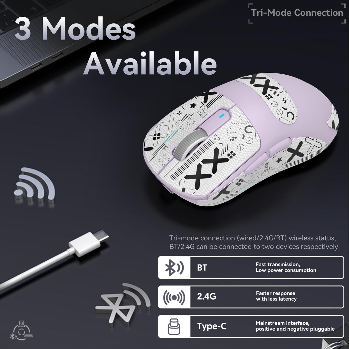 MANBASNAKE ATTACK SHARK X3 Wireless Gaming Mouse - 49g, 26K DPI, 200h Battery, Lavender & Griptape, Ergonomic for PC/Laptop