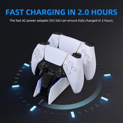 afbptek PS5 Controller Charger Station - Fast Dual Charging, White and Black, Model MRP0501, Blue LED Indicator