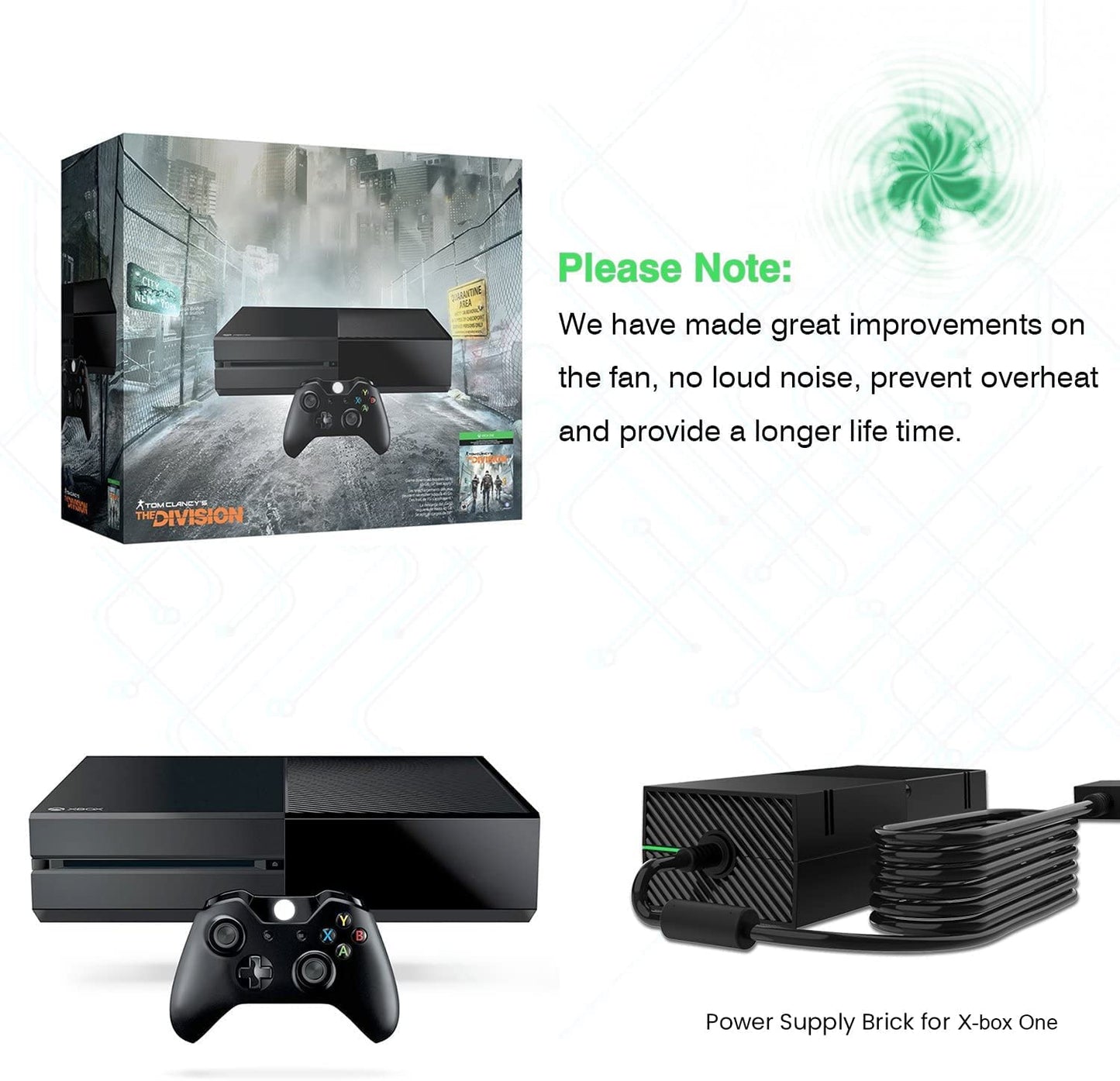 YCCSKY Xbox One Power Supply Brick AC Adapter Charger, Quiet Version, 100-240V, Black, Model YCC-XB043B