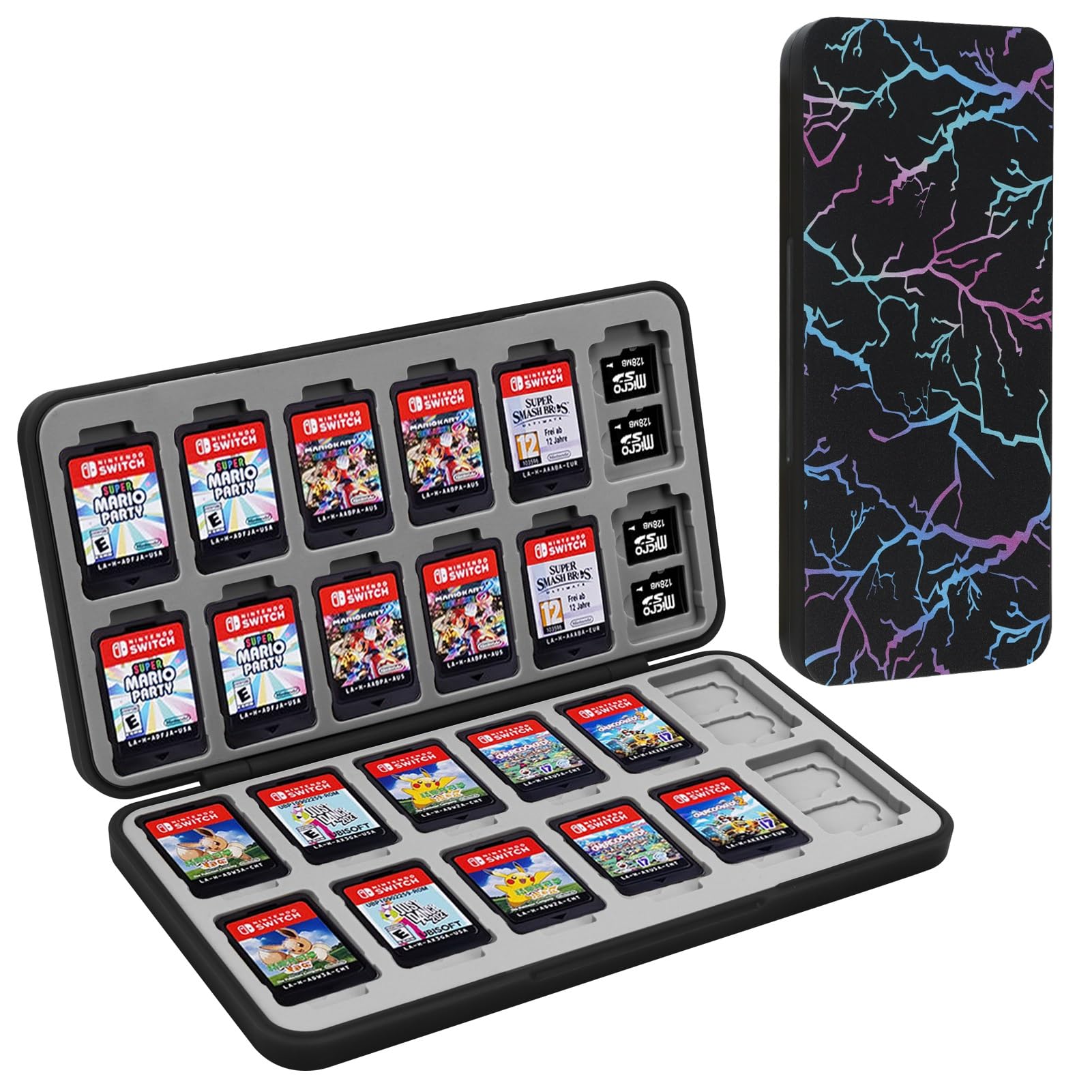 FYY Nintendo Switch Game Case - Nintendo Switch Game Holder for Nintendo Switch refill unit Case with 24 Game Card sections & 48 Micro SD Card sections  Black Lightning Pattern Switch Game Card Case Hard