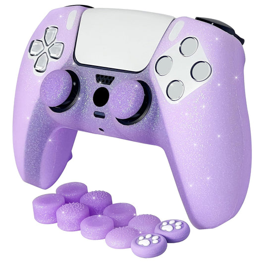 HLRAO Purple Glitter Anti-Slip Protective Silicone Cover Skin Compatible with PS5/Slim/Pro Controller 8 PCS Glitter Thumb Grips Caps and 2 Grips Caps.