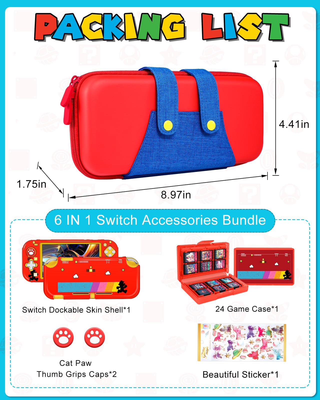 Gurgitat 6in1 Maro Switch Lite Case for Nintendo Switch Lite - Durable Hard Cover, Red Blue Maro, Includes Thumb Grips & Game Holder