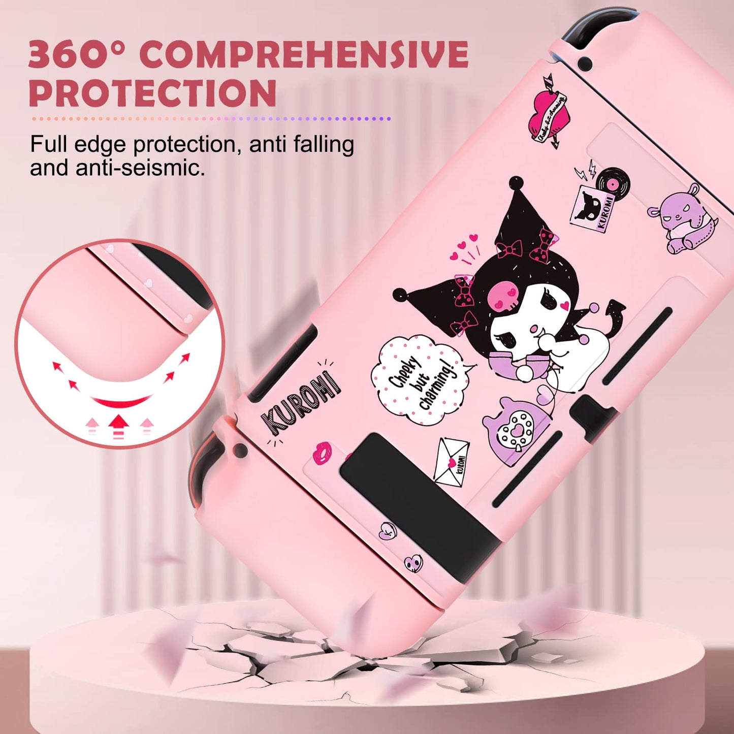 DLseego Switch Protective Case - Soft TPU, Shockproof, Scratch Resistant, Pink Rabbit Design with Bunny & Cat Paw Thumb Grips