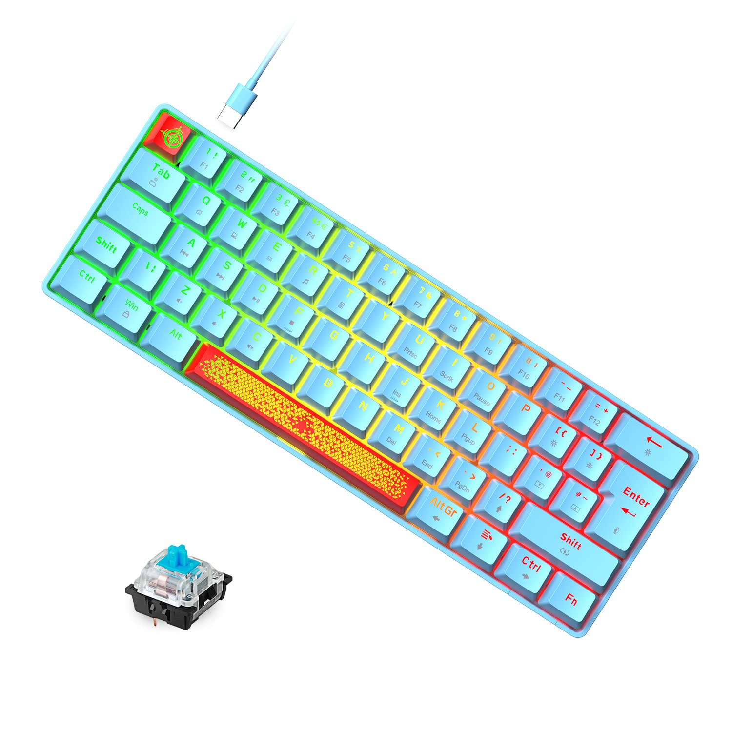 LexonElec 60% Wired RGB Gaming Keyboard 62 Keys Compact Mechanical Keyboard New Degsin Keycaps Detachable USB Type-C Blue Switch 18 LED Chroma Backlit for Typists and Gamers-Blue