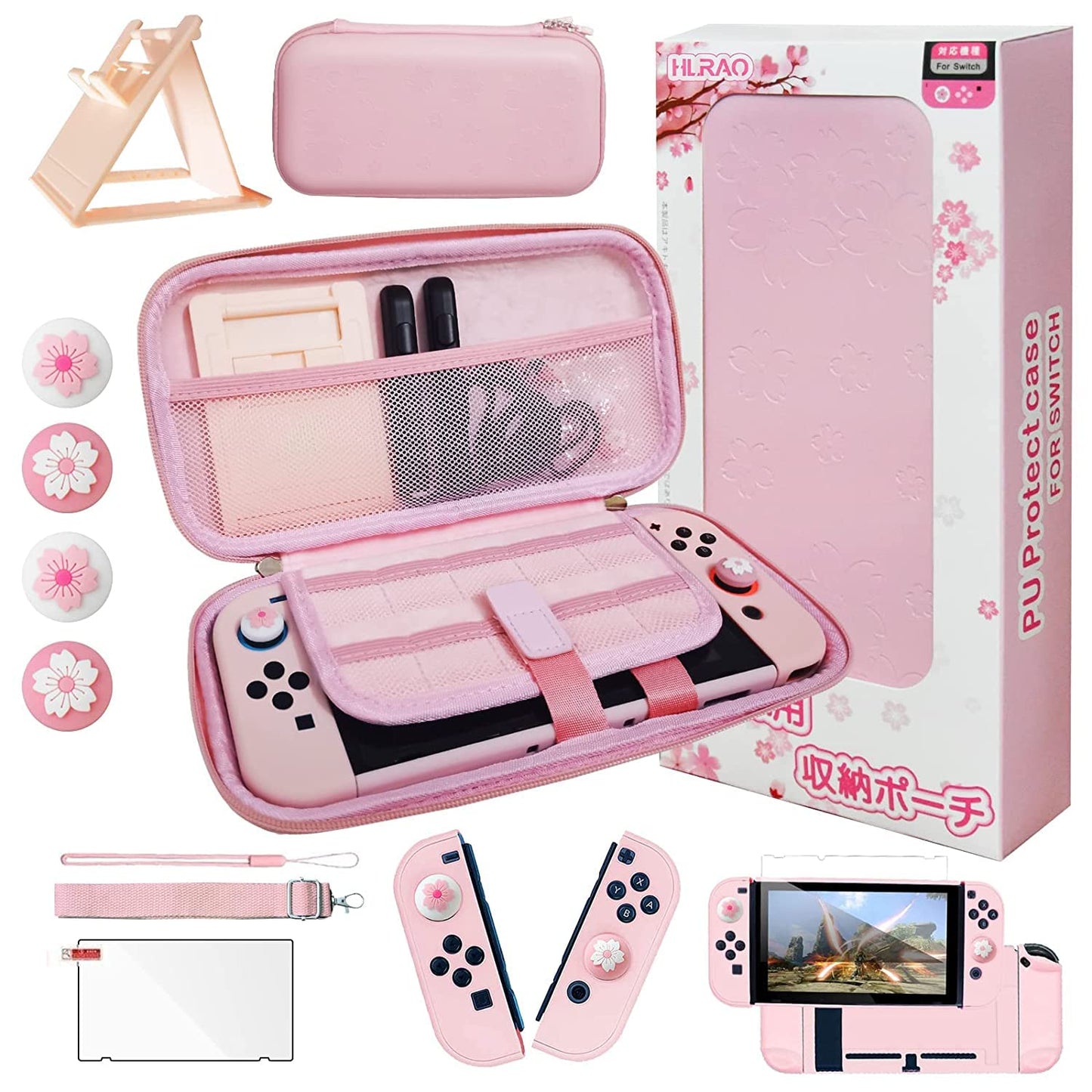 HLRAO Pink Tpartyl Carrying Case Accessories Kit Compatible with Nintendo Switch (NOT Fit OLED/Lite).Pink Switch Hard Protective Cover Adjustable Stand Screen Protector & Cute Thumb Grips 10 in 1 Gift.