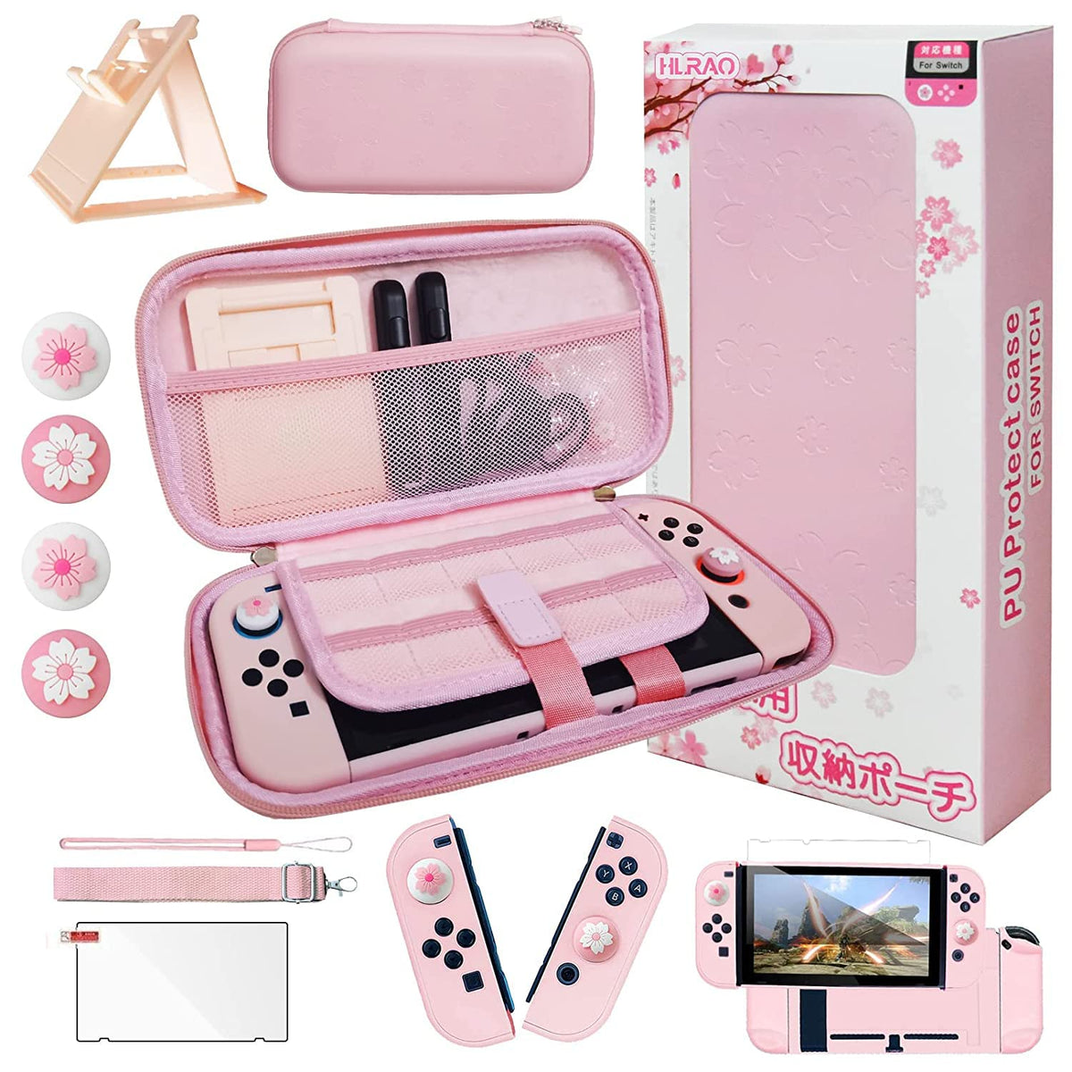 HLRAO Pink Tpartyl Carrying Case Accessories Kit Compatible with Nintendo Switch (NOT Fit OLED/Lite).Pink Switch Hard Protective Cover Adjustable Stand Screen Protector & Cute Thumb Grips 10 in 1 Gift.