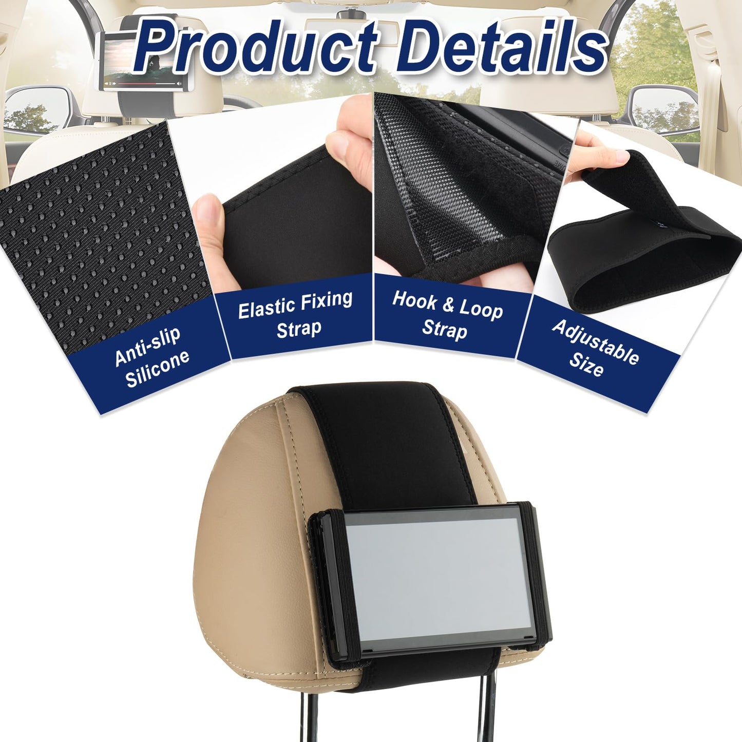 Cosmos Car Headrest Mount Holder for Nintendo Switch & Mini Tablets, Black, Model 1201, Silicone Material