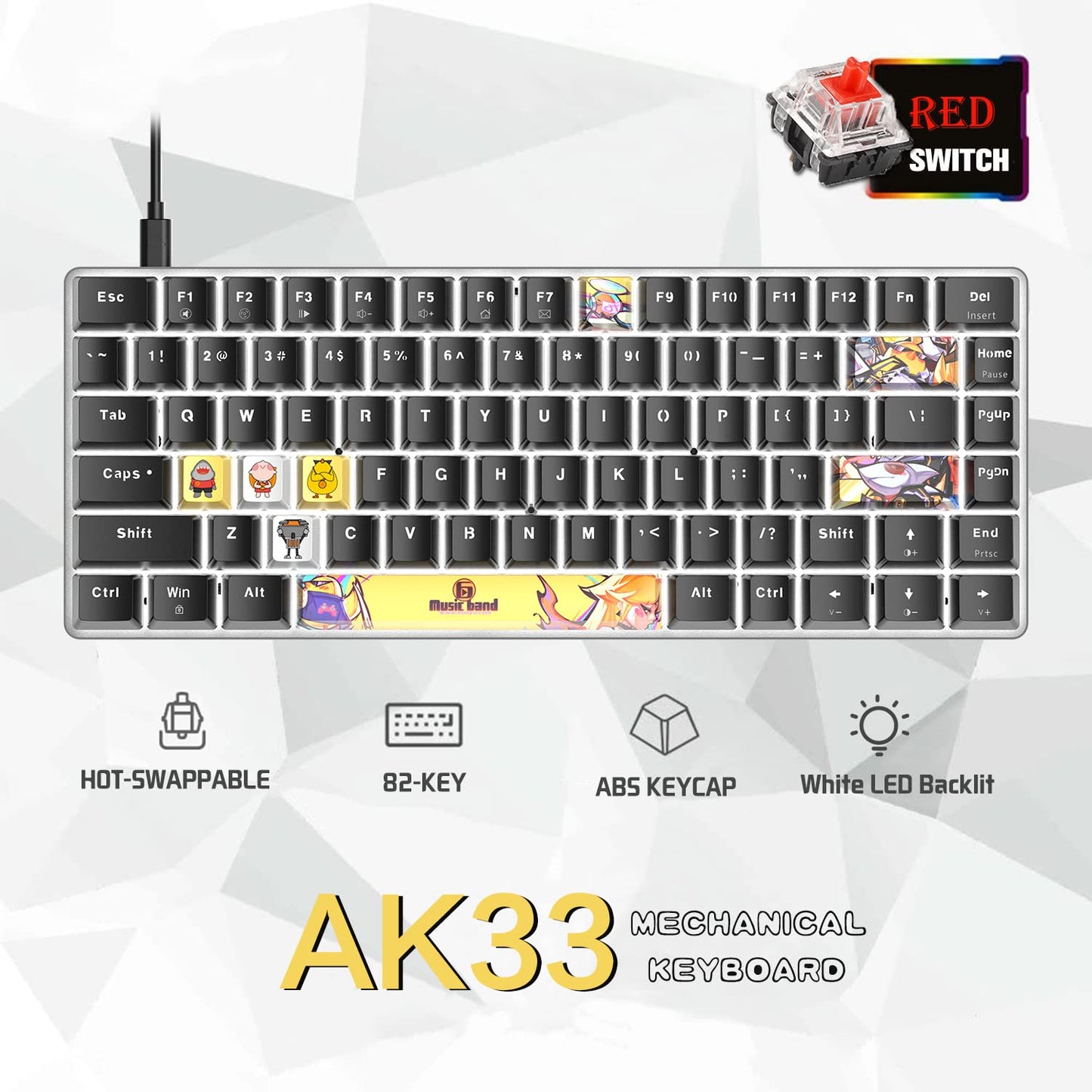 LexonElec AK33 Portable Mechanical Gaming Keyboard, Hot-Swappable 82 Keys, Red Switch, White Backlit, Black PBT Keycaps
