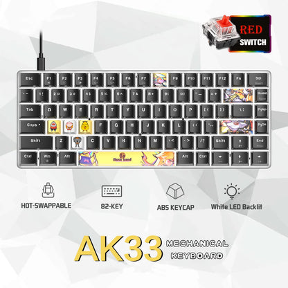 LexonElec AK33 Portable Mechanical Gaming Keyboard, Hot-Swappable 82 Keys, Red Switch, White Backlit, Black PBT Keycaps