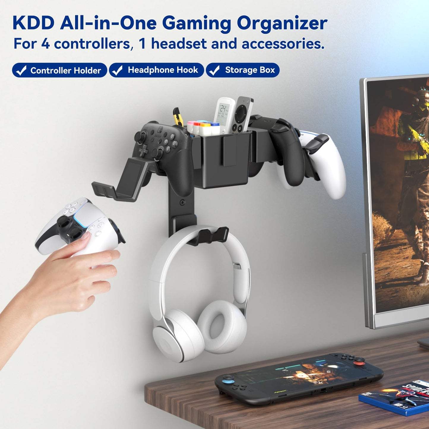 KDD Universal Gaming Wall Mount & Headset Holder, Black Organizer Stand for Xbox, PS4, PS5, Switch, Steam, Gamepad & Accessories