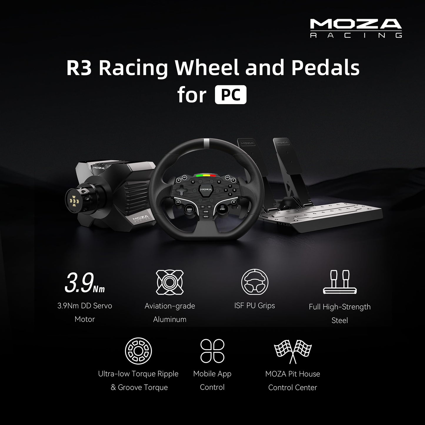 MOZA R3 Racing Wheel and Pedals Bundle for PC, 3.9Nm Direct Drive, 11-inch Steering Wheel, Dark Gray, High-Performance Gaming Simulator