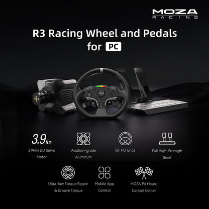 MOZA R3 Racing Wheel and Pedals Bundle for PC, 3.9Nm Direct Drive, 11-inch Steering Wheel, Dark Gray, High-Performance Gaming Simulator