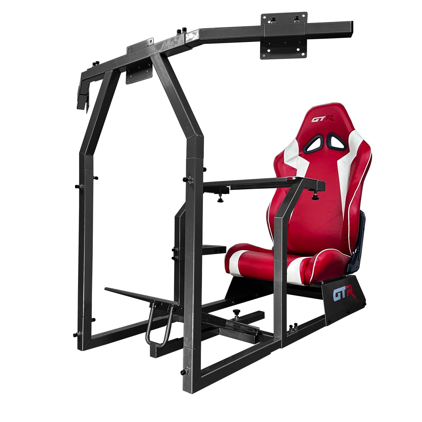GTR Simulator GTA-F Model Silver Frame Triple | Single Monitor Stand with Adjustable Leatherette Seat Racing Simulator Cockpit Chair | Stable & Adjustable | Compatible with All Steering Wheels & Pedals | Supports PC & Console (Silver  Black Red)