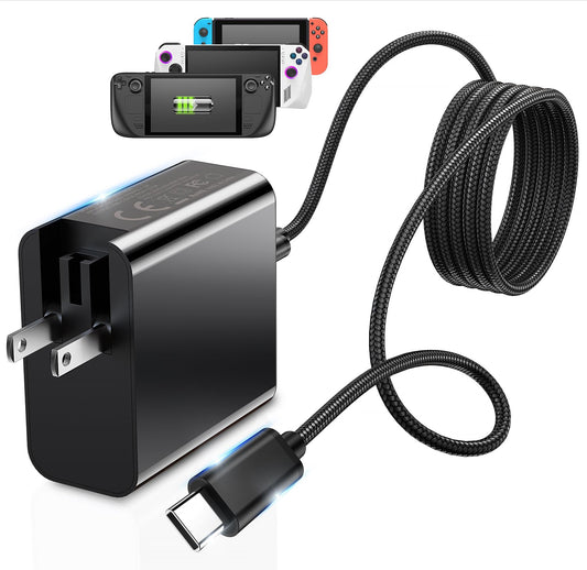 Klipdasse USB C Charger 65W Fast Power Adapter with Foldable Plug for Steam Deck, Switch, PS5, Laptop - Includes 6.5ft Type C to C Cable