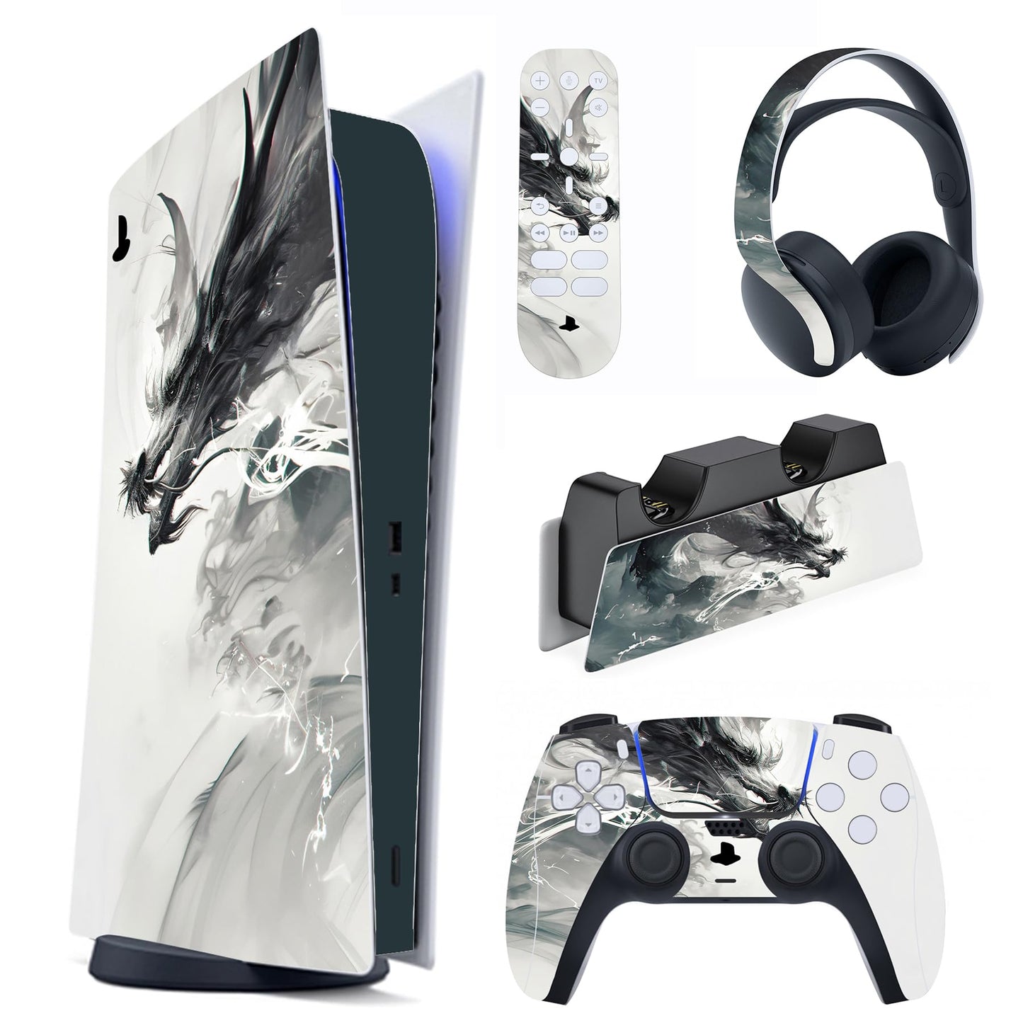 PlayVital Full Set Skin Decal for ps5 Console Digital Edition  Sticker Vinyl Decal Cover for ps5 Controller & Charging Station & Headset & Media Remote - Ink Spirit Dragon