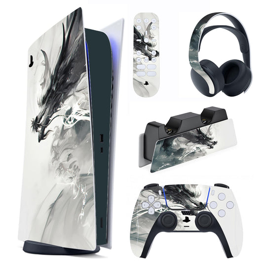 PlayVital Full Set Skin Decal for ps5 Console Digital Edition  Sticker Vinyl Decal Cover for ps5 Controller & Charging Station & Headset & Media Remote - Ink Spirit Dragon