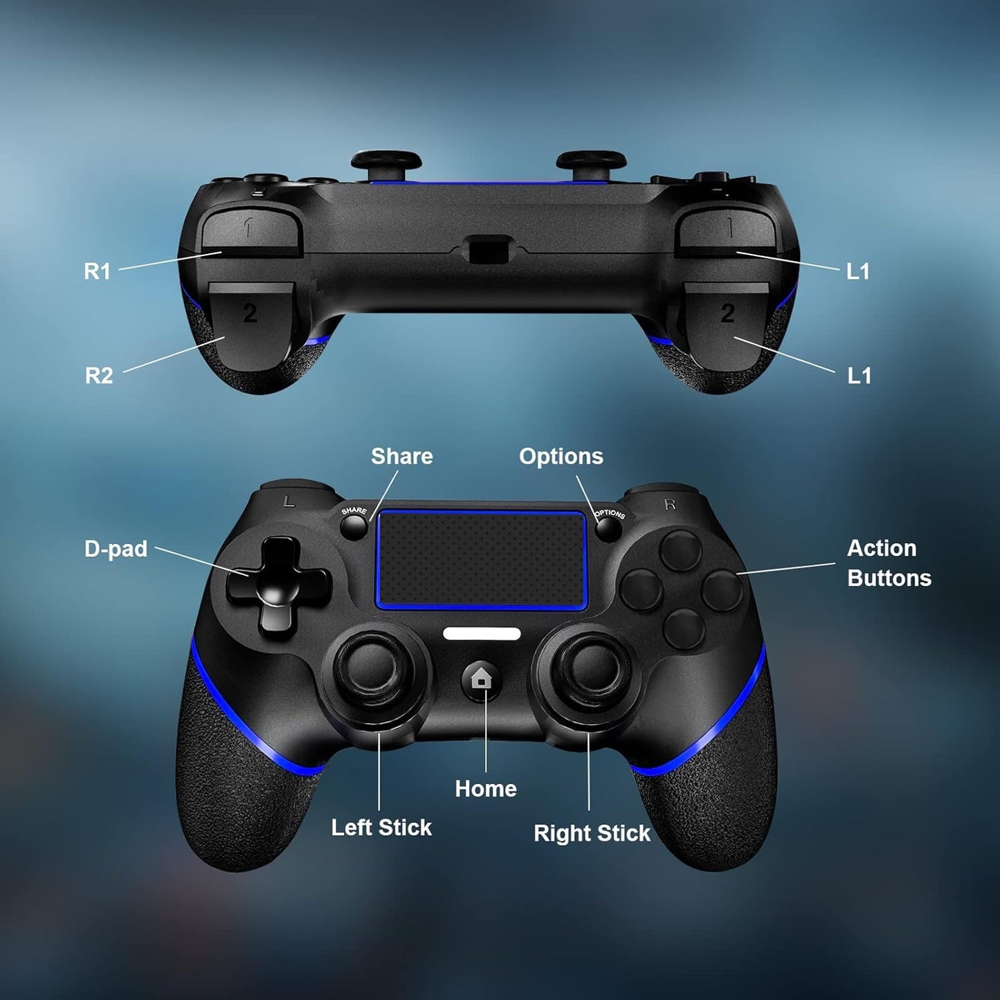 SZDILONG Wireless Controller for PS4/Pro/Slim/PC, Blue Black, Touchpad, Six-axis Motion Control, Charging Cable Included