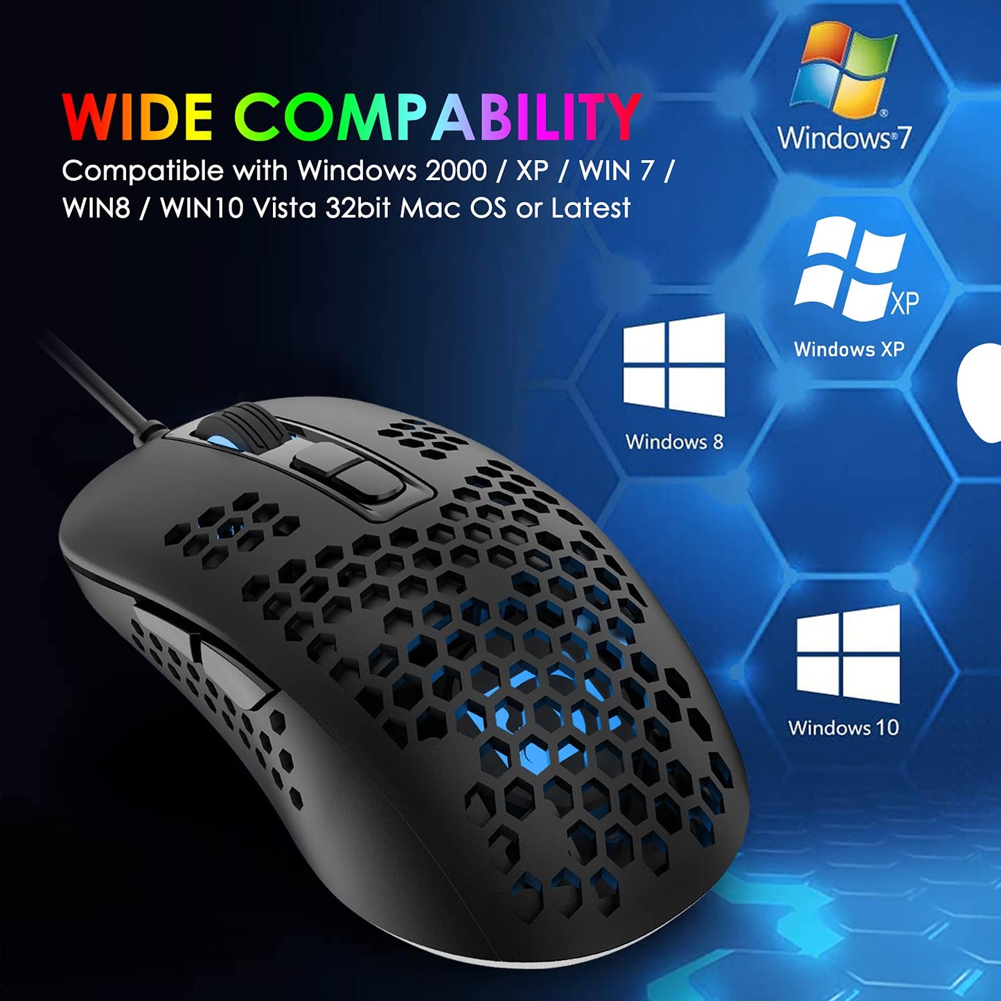 KUIYN 383 Ultralight Wired Gaming Mouse - 4 RGB Backlights, 2400 DPI, Honeycomb Shell, Black
