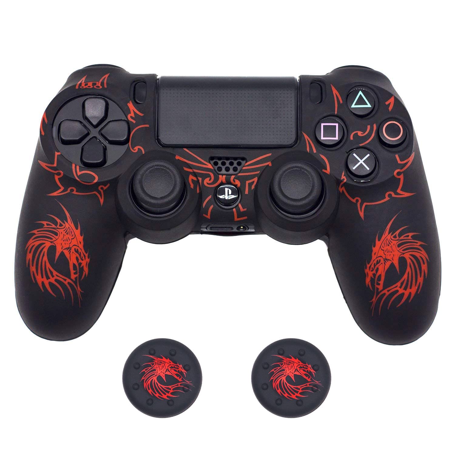 Skin for PS4 Controller  BRHE Anti-Slip Grip Silicone Cover Protector Case Compatible with PS4 Slim/PS4 Pro Wireless/Wired Gamepad Controller with 2 Dragon Carving Thumb Grip Caps