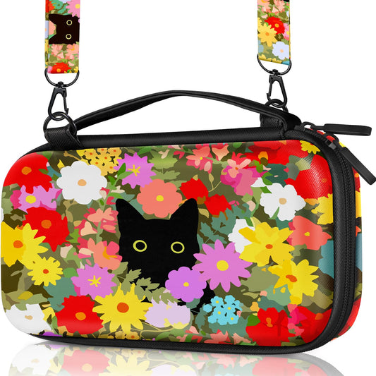 Gurgitat Carrying Case for Nintendo Switch/Switch OLED Travel Carry Cases Hard Shell Protective Cover Flowers Black Cat Cute Gir