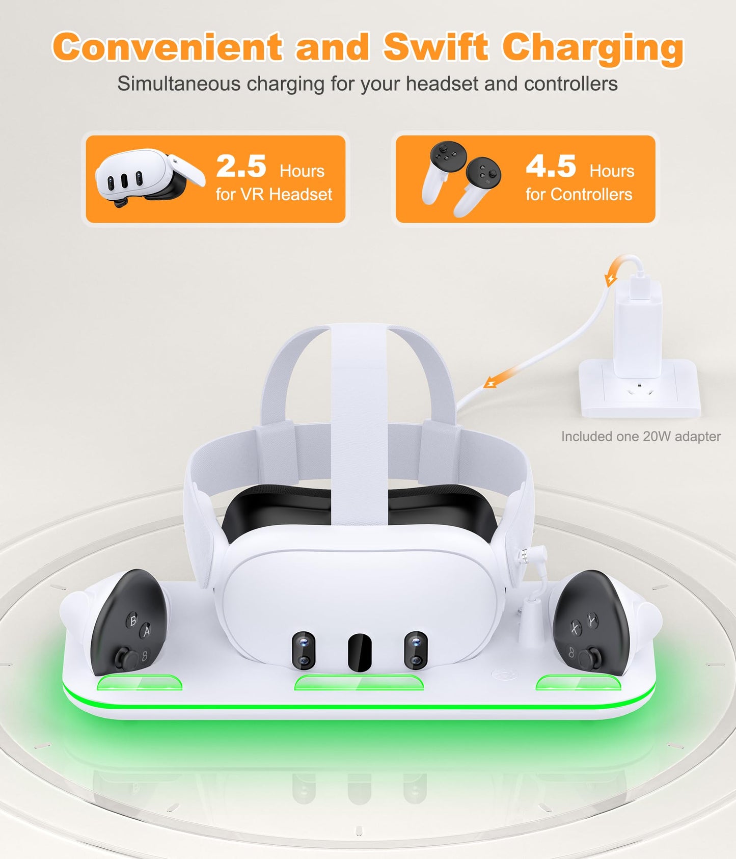 NinxGloy Charging Dock for Meta Quest 3/3S - Magnetic Stand with 3 Indicators, Includes 2 Rechargeable Batteries, White