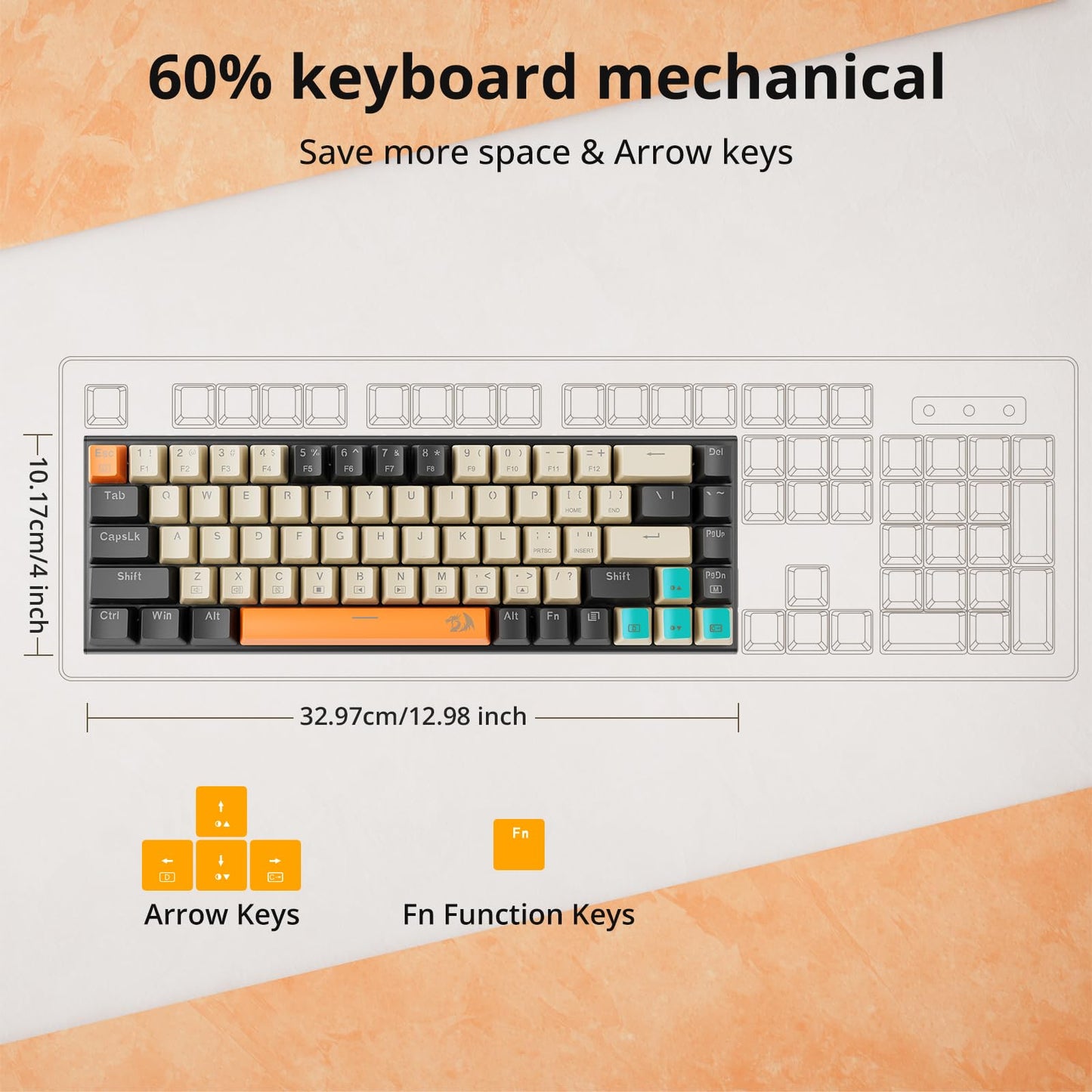 Redragon K633CGO-RGB 60% Mechanical Gaming Keyboard, 68 Keys, RGB, Red Switches, Wired for Windows/Mac, Black/Beige/Orange