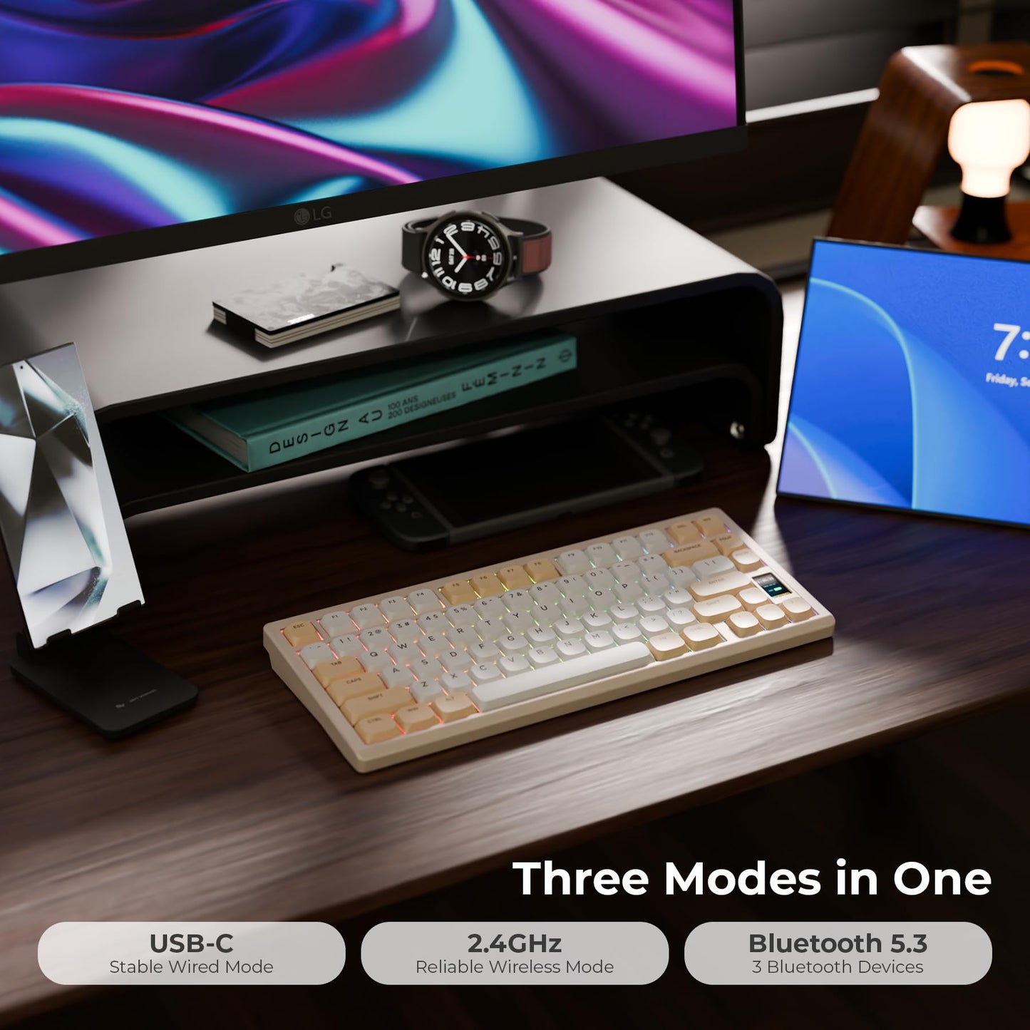 OOCTPK Mechanical Keyboard, Wireless RGB Gaming Keyboard with LCD Screen, UltraThin Design, Beige, PC/Mac Compatible