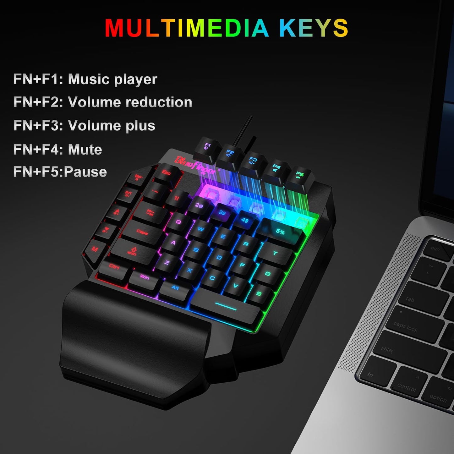 BlueFinger One Hand RGB Gaming Keyboard - USB Wired, Backlit, Ergonomic Design with Wrist Rest, Rainbow Letters Glow