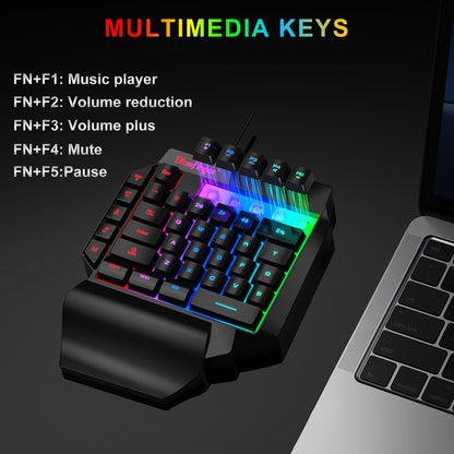 BlueFinger One Hand RGB Gaming Keyboard - USB Wired, Backlit, Ergonomic Design with Wrist Rest, Rainbow Letters Glow