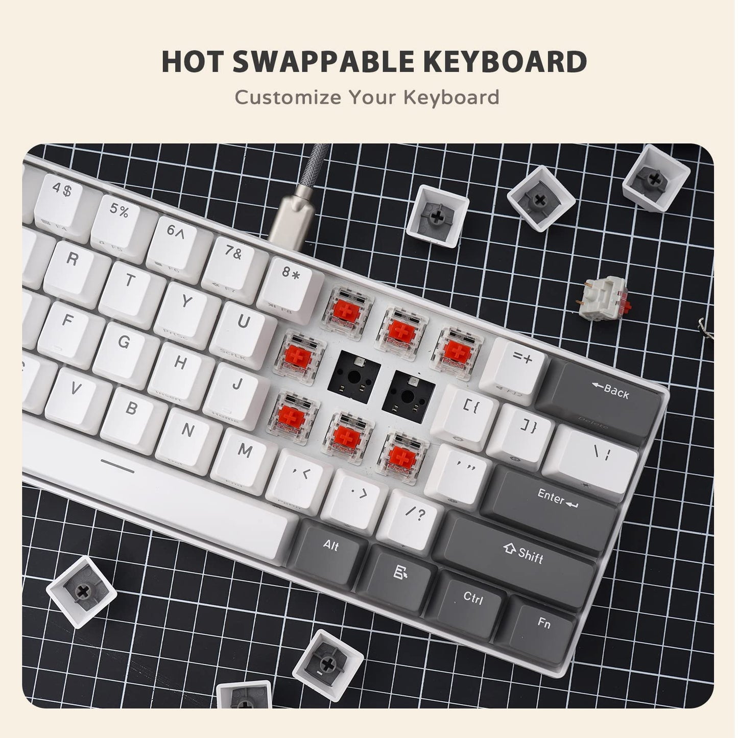 iLovBee i61 Mechanical Keyboard - 60% Wired Hot Swappable RGB, 61 Keys, Red Switch, Compact Design, Grey-White