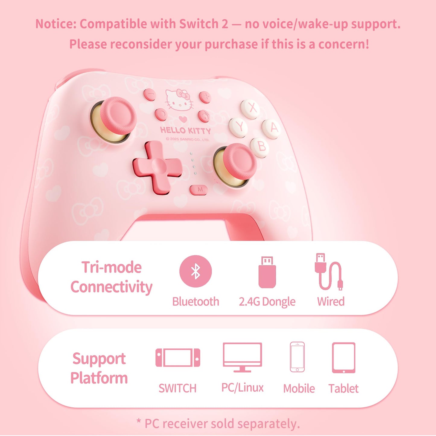 Kuitmor Pink Switch Controller - Hello Kitty Hall Effect, Wireless/Bluetooth, 1000mAh Battery, 6-Axis Gyro, Dual Vibration, Model GC1201