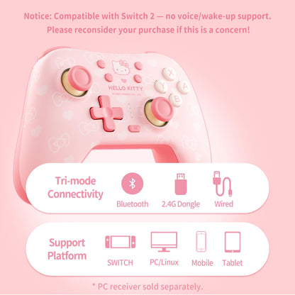 Kuitmor Pink Switch Controller - Hello Kitty Hall Effect, Wireless/Bluetooth, 1000mAh Battery, 6-Axis Gyro, Dual Vibration, Model GC1201