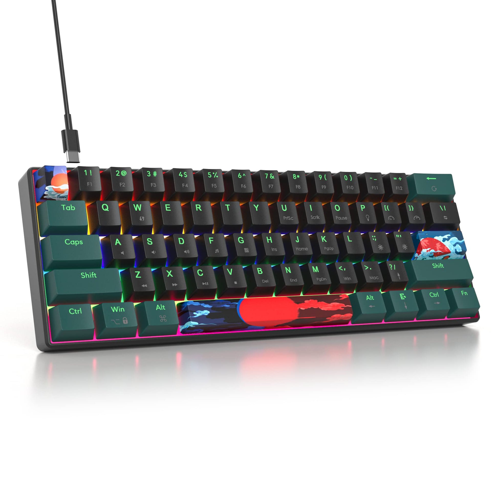 iTastatur 60 Percent Gaming Keyboard Mechanical with Linear Red Switch  60% Wired Ultra-Compact Mini Keyboard Rainbow with PBT Keycaps for Ps4/Ps5/Xbox(61 Green)