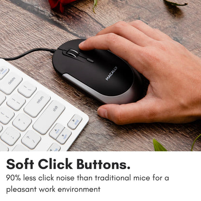 Macally Silent Wired Mouse - Slim USB Optical Mouse for Mac/PC - DPI Switch - Space Gray Trim - Model DYNAMOUSESG - Pack of 1