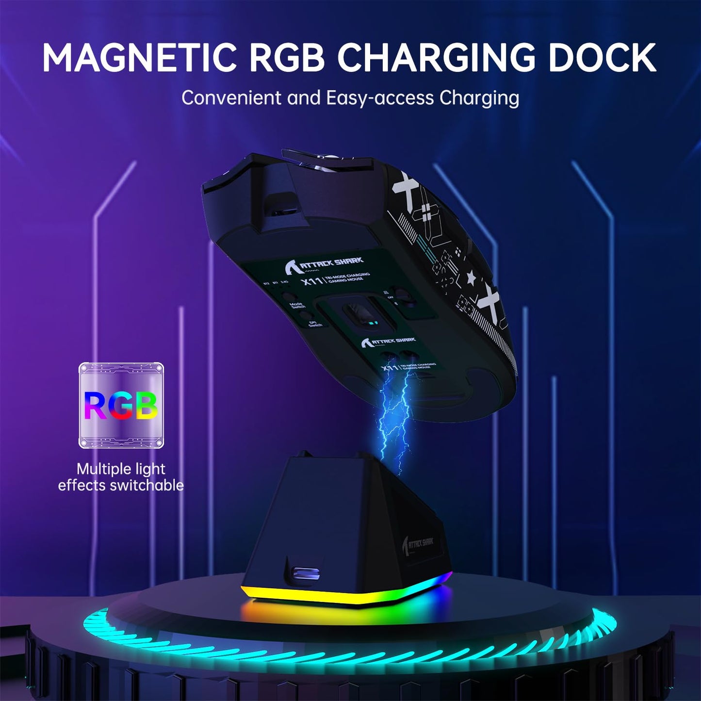 ATTACK SHARK X11 Wireless Gaming Mouse with RGB Dock, 22K DPI, Tri-Mode, Black & Anti-slip Sticker