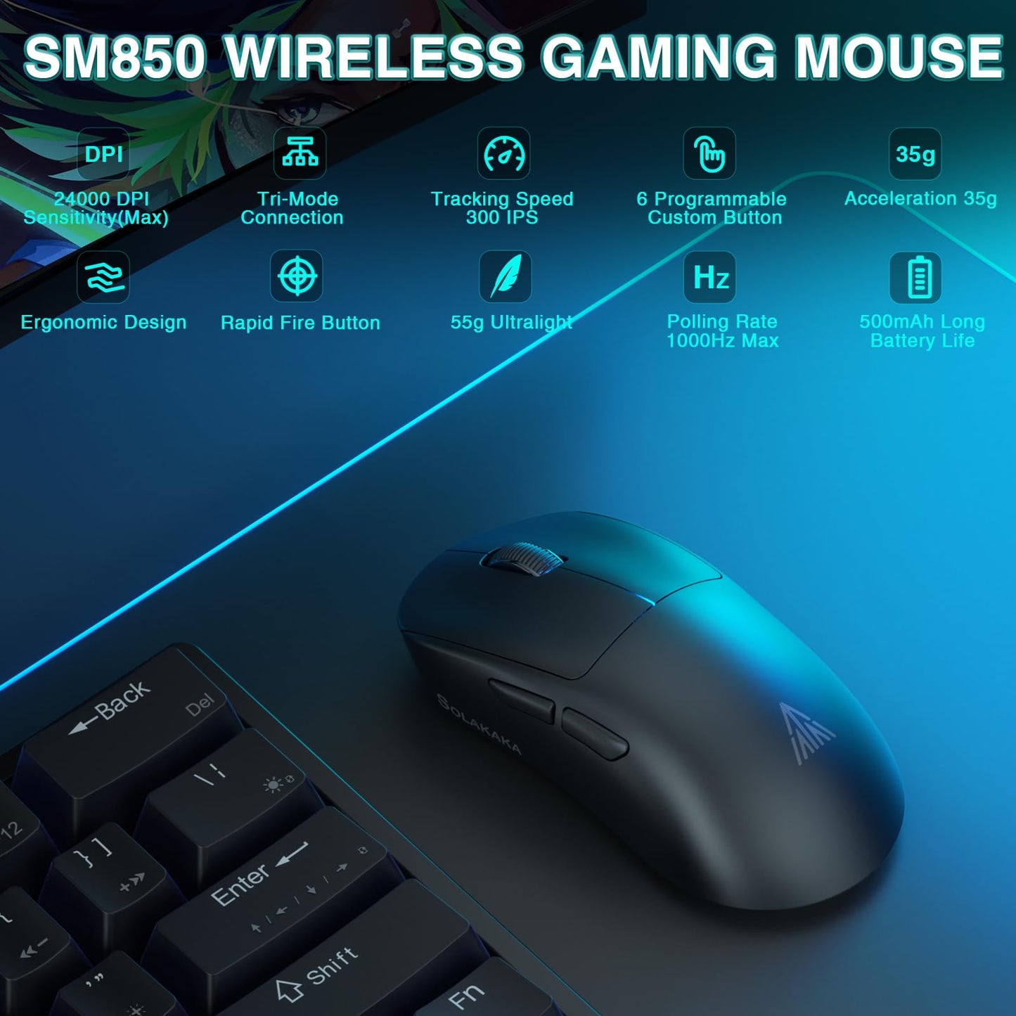 CORBOBO SM850 Wireless Gaming Mouse, 24000 DPI, 55g Lightweight, 6 Programmable Buttons, Ergonomic, Black