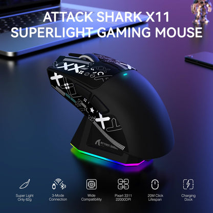 ATTACK SHARK X11 Wireless Gaming Mouse with RGB Dock, 22K DPI, Tri-Mode, Black & Anti-slip Sticker