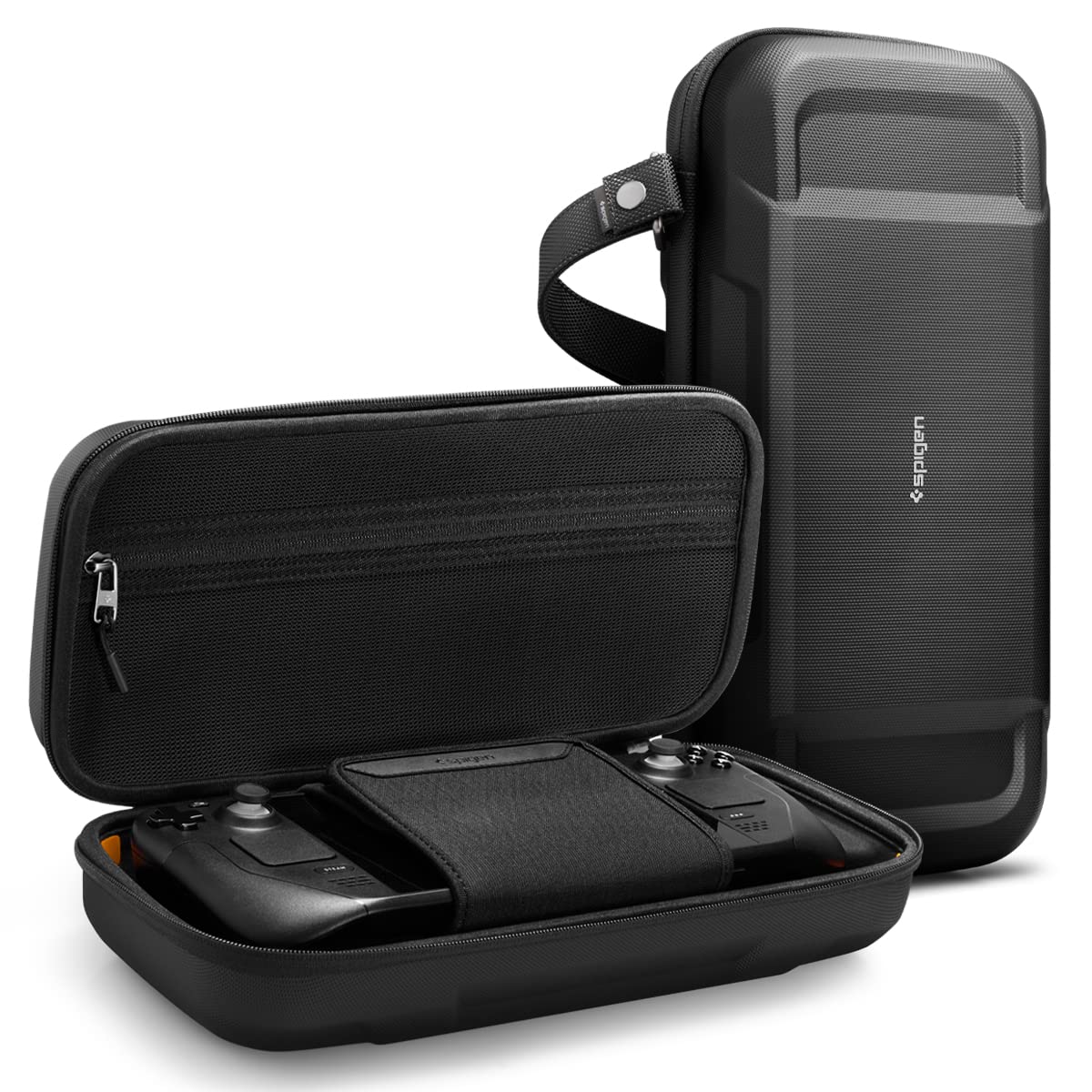 Spigen Rugged protective gear Pro Designed for Steam Deck LCD (2022) / Steam Deck OLED (2023) Hard Shell Tpartyl Carrying Case with Pockets for Accessories and Original Charger Storage Bag Carry Case - Black