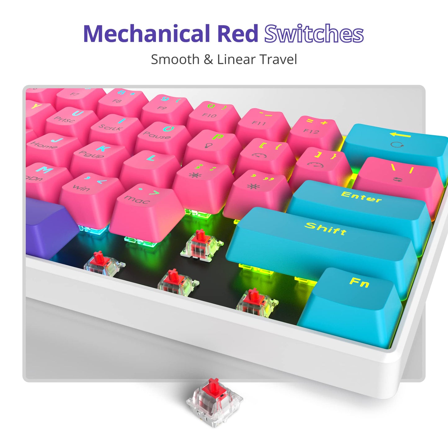 Fogruaden 60% Mechanical Keyboard, 61 Keys RGB Backlit, Pink, Wired for Win/Mac PC Gamer, Ultra-Compact, Red Switch