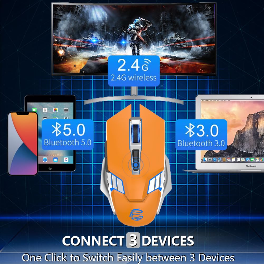 SHUNJINRUN Wireless Gaming Mouse, 2400 DPI, RGB Backlit, Rechargeable, Orange