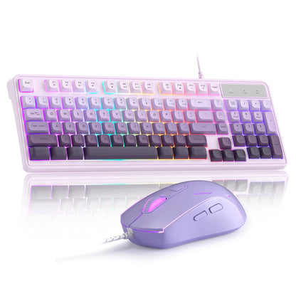 MageGee RGB Backlit Keyboard and Gradient Purple Gaming Mouse Combo, Wired, White Purple