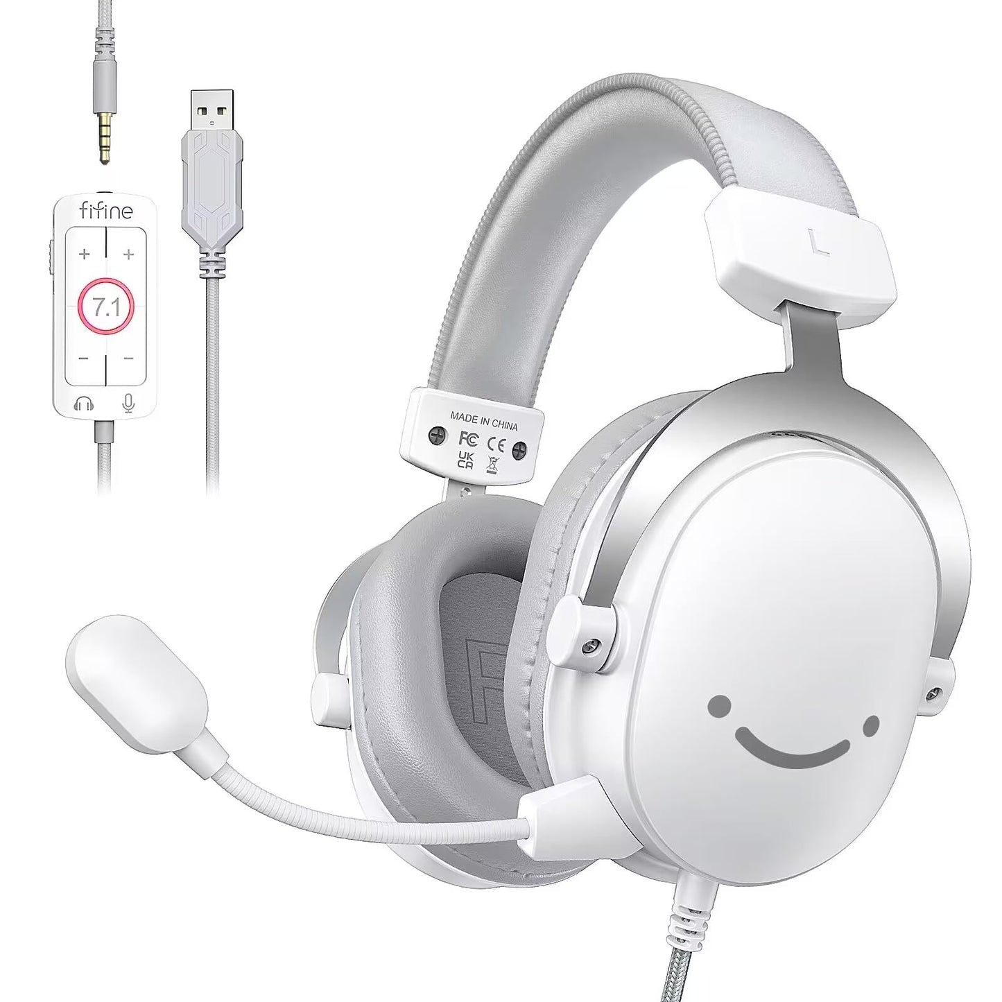FIFINE H9W USB Gaming Headset - Over-Ear Wired, 7.1 Surround Sound, Detachable Microphone, Volume Control, White