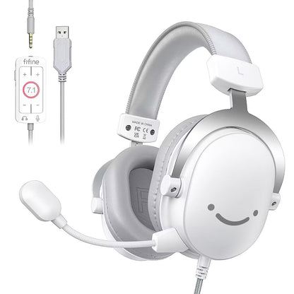 FIFINE H9W USB Gaming Headset - Over-Ear Wired, 7.1 Surround Sound, Detachable Microphone, Volume Control, White